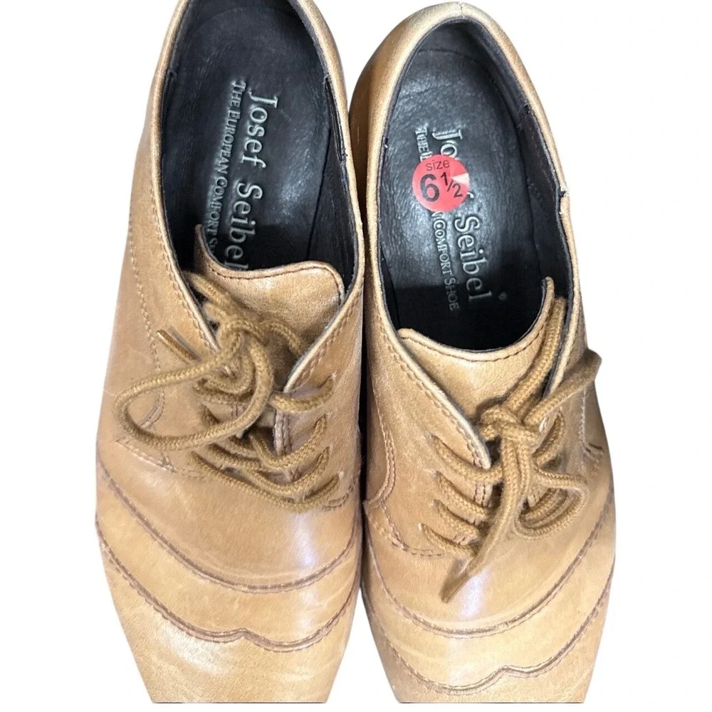 Josef Seibel Womens Tan Leather‎ Lace Up Wingtip Oxford Comfort Heels Size 6.5